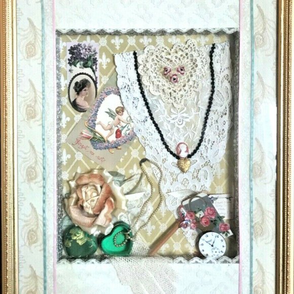 ANTIQUE FRAMED LOVE TOKENS & CARDS & NOTES & ROMANCE COLLAGE